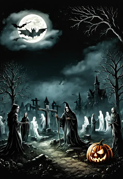 Vector art design for Hallowee(best quality, high resolution, ultra detailed, realistic: 1.37),Illustration of a cemetery on Halloween night, dead people coming out of their graves, ghosts prowling the area, full moon, the scene is shrouded by a dull fog, ...