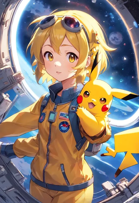 Playful cute Pikachu in astronaut clothes，Liveliness and agility，yellow and soft hair，red blush，Size, twinkle eyes，Cute pointed ears。(Pikachu:1.5)