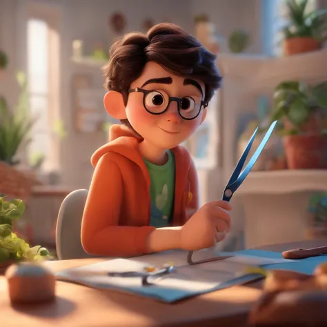 fundo branco, pixar desenhos animados 3D, Japanese young man holding scissors, ::estilo pixar cartoon