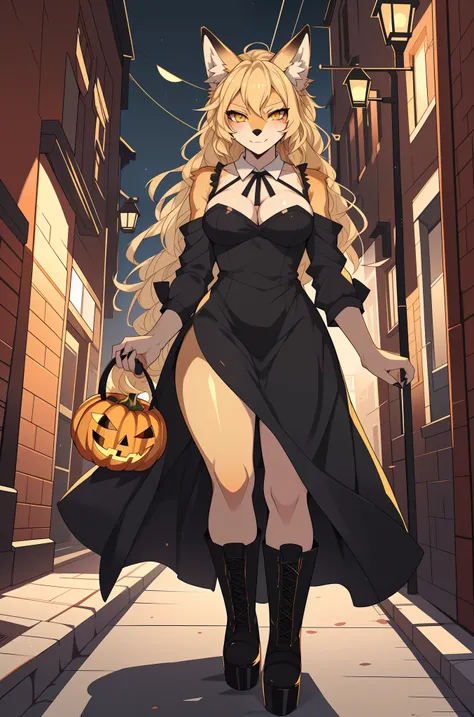 Kimiko, tan fox girl, blonde wavy hair, yellow eyes,medium breasts,sexy vampire black dress, black stiletto boots,walking down a busy neighborhood street, By hyattlen, holding a jackolantern bucket filled with candy