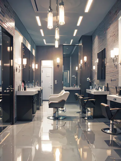 View of a hair salon with bright mirrors