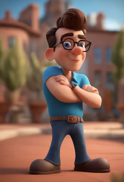 Cartoon character of a man with black glasses and a blue shirt, animation character, Caractere estilizado, animation style rendering, 3D estilizado, Arnold Maya render, 3 d render stylized, toon render keyshot, Personagem 3D, Personagem 3D, 3d rendering st...