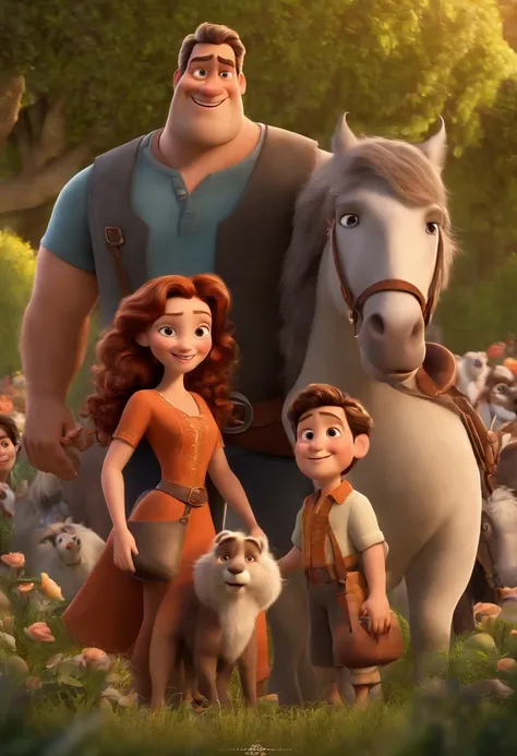 a Disney Pixar movie poster showing a white-skinned family. The father is the tallest, Tem barba curta, loiro, cabelos curtos e espinhosos. The mother has brown eyes and hair, shoulder-length and is slightly overweight. A menina tem 4 anos e cabelos castan...