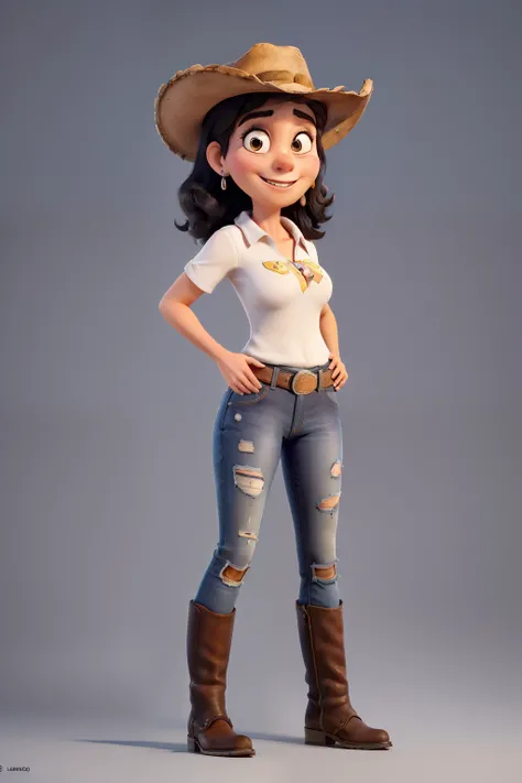 Obra-prima, de melhor qualidade, uma mulher de 30 anos, Medium size black hair, nariz redondo, olhos grandes pretos, cowboy hat, wearing a pair of jeans, camisa xadrez, Putting On Boots, segurando o cavalo pelo cabresto.