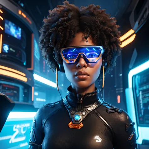 In the scene of a gamer scenario in 2080, a black woman with curly hair, wearing augmented reality glasses, is portrayed in its entirety. It stands out immersed in a futuristic and high-tech environment, full of elements from an advanced virtual reality ga...