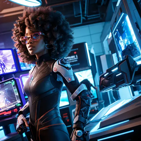 In the scene of a gamer scenario in 2080, a black woman with curly hair, wearing augmented reality glasses, is portrayed in its entirety. It stands out immersed in a futuristic and high-tech environment, full of elements from an advanced virtual reality ga...