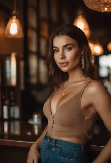 arafed woman with a white tank top and a necklace, at a bar, sexy girl with light brown eyes, portrait sophie mudd, brown short hair and large eyes, selfie of a young woman, bedroom eyes, violet myers, without makeup, natural makeup, looking directly at th...