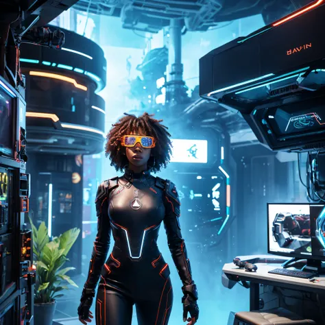 In the scene of a gamer scenario in 2080, a black woman with curly hair, wearing augmented reality glasses, is portrayed in its entirety. It stands out immersed in a futuristic and high-tech environment, full of elements from an advanced virtual reality ga...