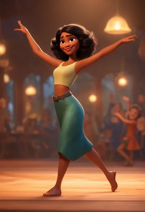 Pixar Style Image: 3D Character, Black Brunette Woman, Short Straight Hair, Dancing, Maquiagem Disney,Pescador, bonitinho, sorridente ,Close-up, Pixar, Disney, Cinema lighting,