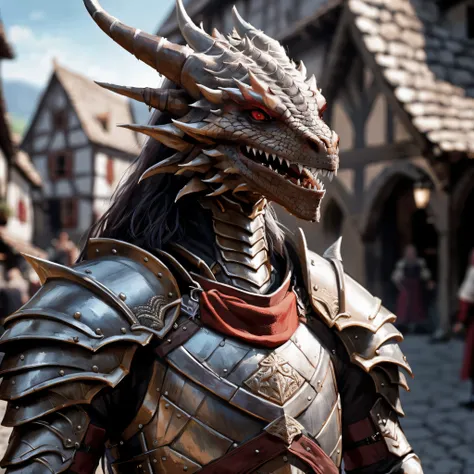 highly detailed photo of a (dragonkin):1.2 on a medieval street in a village,

dragonkin, solo, long hair, red eyes, weapon, mal...