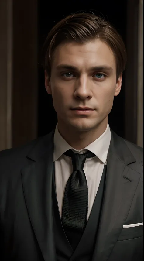 8k image, ultra-realistic, 30-year-old man, detailed face, half-body photograph-type image, green eyes, penetrating gaze, Thomas Shelby style man, elegant black suit and red tie, clear face from the front, face with good lighting, a neutral facial expressi...