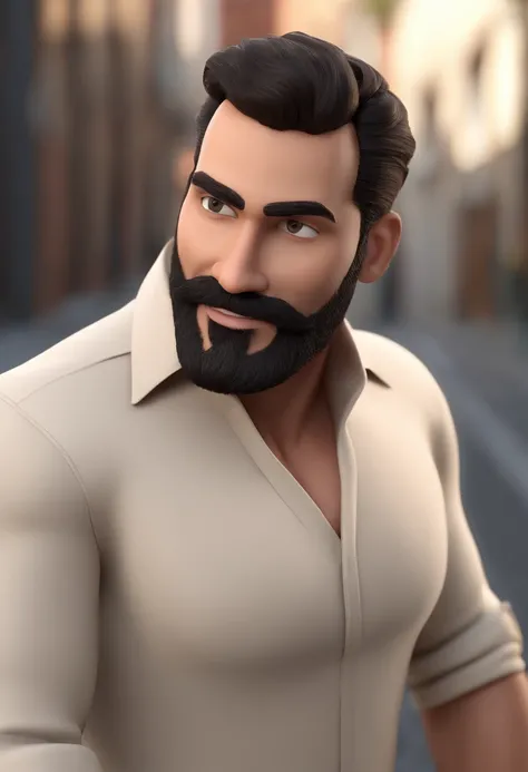 homem com barba e camisa preta sorrindo, barba, foto de perfil profissional, foto de perfil headshot, personagem dos desenhos animados, pixar, Caractere estilizado, animation style rendering, 3D estilizado, Arnold Maya render, 3 d render stylized, toon ren...