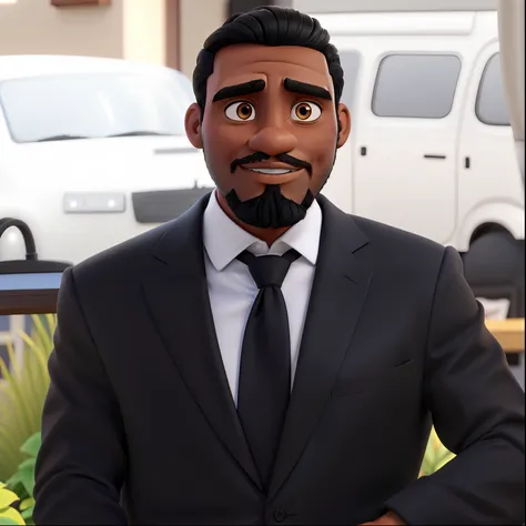 Homem negro, de cabelo curto, barba curta, com terno preto e gravata no estilo Disney Pixar, alta qualidade, melhor qualidade