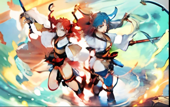 best quality, masterpiece, realistic, photorealistic, 2girls,, looking at viewer, full body, standing, red hair, blue hair, Mikanko, cosplay, hair ornament, detailed background, fire, water, sword, crop top, baggy sleeves