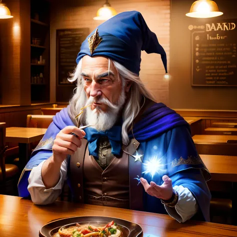 Wizard at a restaurant doing silly shenanigans