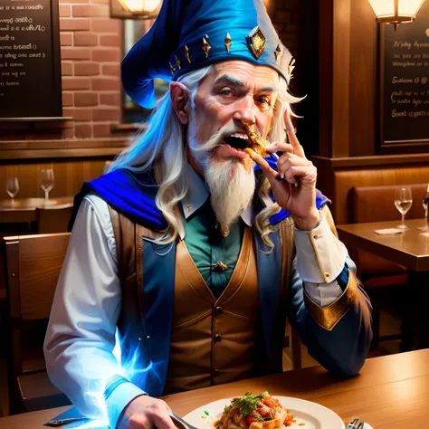 Wizard at a restaurant doing silly shenanigans