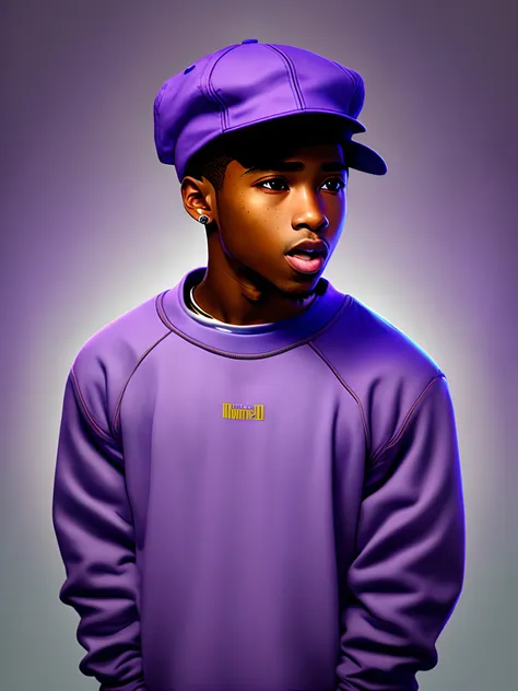 Young man with cap back wearing purple sweatshirt singing hip hop