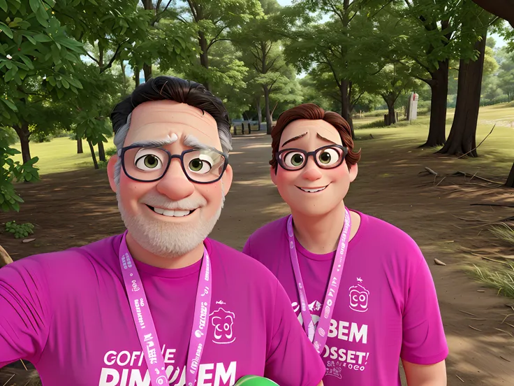 Um homem e uma mulher , em primeiro plano um homem, Behind his wife, o homem tem 49 anos e a mulher 53, They both wear glasses, Disney pixar style