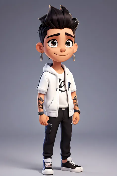 quero um desenho de um garoto com 20 anos, Who is a black clothes teacher, white sneakers, sorrindo, de cabelos curtos e platinados, with three earrings in each ear and an eyebrow piercing, with eagle tattoo on neck and tattoos on right and left arm