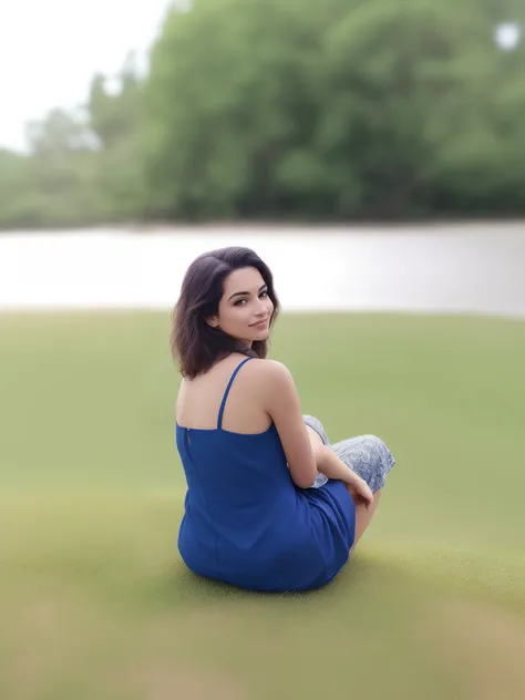 Theres a woman sitting on the grass in a blue dress, sitting on ground, view of the back, Mulheres de 40 anos, sentado na grama verde, pose sentada, sentado em um joelho na grama, usando um vestido azul, usando vestido azul, cerca de 3 5 anos, Photo taken ...