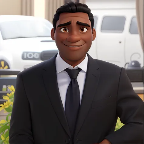 Homem negro, cabelo curto, vestido terno preto e gravata estilo Disney Pixar, alta qualidade, melhor qualidade