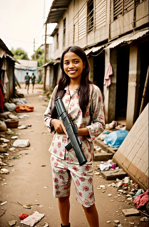 a girl holding a gun, wearing floral print clothes in a slum setting in a Pixar film, smiling extremely and thighs