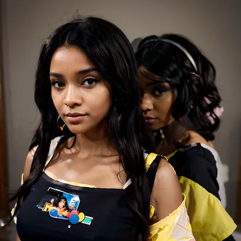 Uma mulher negra com cabelo curto e preto e olhos castanhos claros boca rosa e usando uma blusa inspirada na Monalisa em forma da Disney pixar