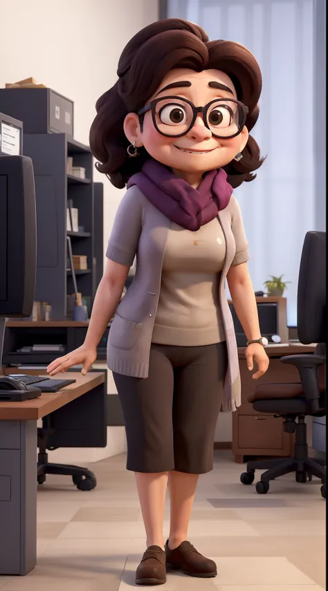 Obra-prima, de melhor qualidade, uma mulher aos 50 anos de idade, with glasses and scarf, vestindo uma camiseta preta, sentada em frente a um microcomputador.