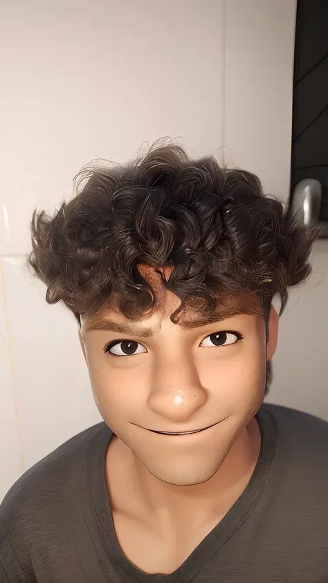 Garoto de 12 anos, cabelos encaracolados curtos, crespos com cachos, olhos castanhos alinhados, sorrindo, camiseta cinza, ao fundo uma parede com azulejos brancos, alta qualidade de detalhes, Maximum quality, looking-into-camera