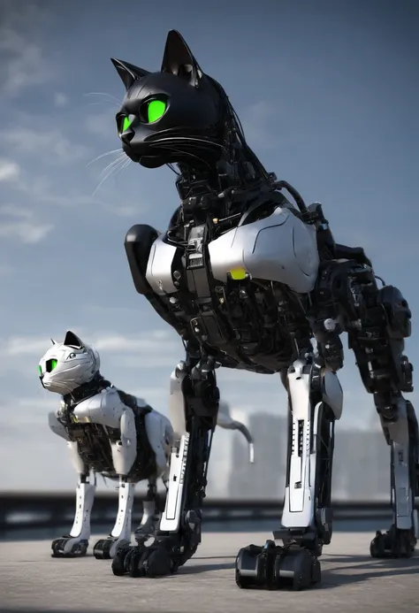 A cute black cat robot and a white cat wearing sunglasses, con auriculares puestos, standing up position, Belleza abstracta, dynamic, Pintura digital altamente detallada, Concepto-Arte, 8k, high-definition resolution