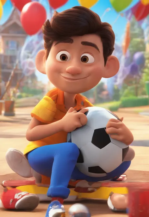 Crie um cartaz inspirado na Disney Pixar com o personagem sendo um jovem de terno preto gracata vermelha , A black-haired man without glasses, the scene will be in Pixars distinctive digital art style. Focus on character expressions, Vibrant colors and det...