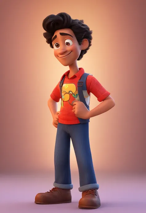 Crie um cartaz inspirado na Disney Pixar com o personagem sendo um jovem de terno preto gracata vermelha , A black-haired man without glasses, the scene will be in Pixars distinctive digital art style. Focus on character expressions, Vibrant colors and det...