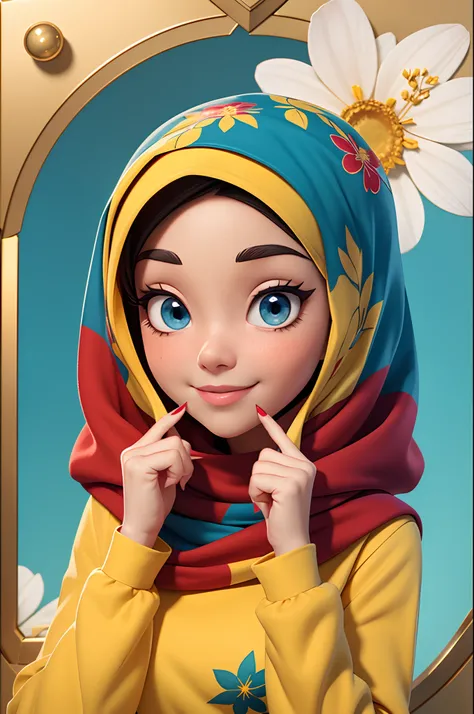 Disney Pixar Movie poster that Text: Macca , a young woman with dark eyes, smiling at the camera.
She is wearing a red hijab that covers her hair and wraps around her neck and shoulders. The hijab has a gold border and a gold pattern of flowers and leaves....