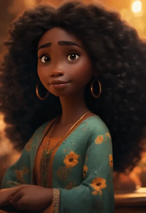 Um filme inspirado na Disney Pixar (MENINA NEGRA JOVEM COM CABELO LONGO CACHEADO PRETO) dentro A cena estar na arte distinta do estilo PIXAR, descolada e estilosa