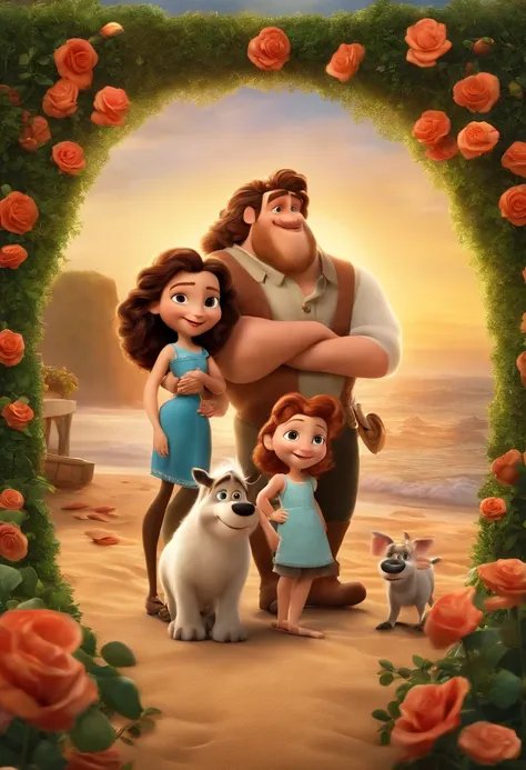 a Disney Pixar movie poster showing a white-skinned family. The father is the tallest, Tem barba curta, loiro, cabelos curtos e espinhosos. The mother has brown eyes and hair, shoulder-length and is slightly overweight. A menina tem 4 anos e cabelos castan...