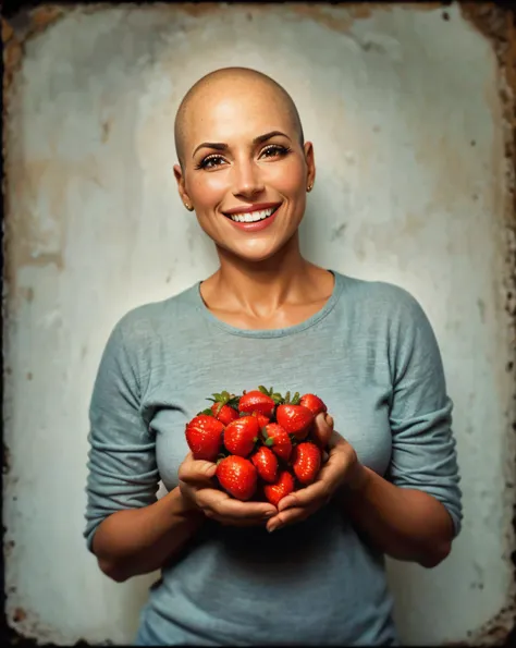 mulher sorridente segurando uma tigela de morangos na frente de seu rosto, estilo pixar, alta qualidade, mulher careca