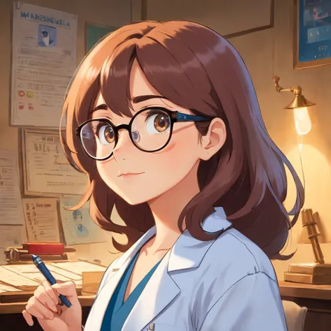 Create a poster in the style of Disney PIXAR movies and scrutinize the Title: BRUNELLA. The setting should be a gorgeous realistic doctors office, com cores claras e tons de azul, ample space. The main image should be of a beautiful female doctor, de pele ...