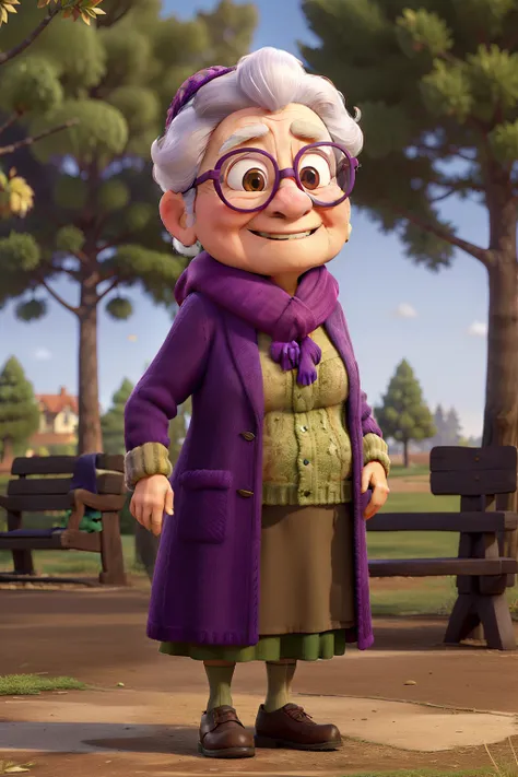 masterpiece, best quality, an old woman with glasses and a scarf on, wearing a purple coat and green scarf, standing at the park