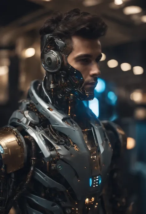 una obra maestra de un hombre ultrarealista muy detallada, holograma, con un traje y un cosco espacial de robot intrincado, cuerpo entero, cuerpo completo, with robotic parts on your face, El hombre con cabeza de robot, Retrato de un robot futurista, en es...