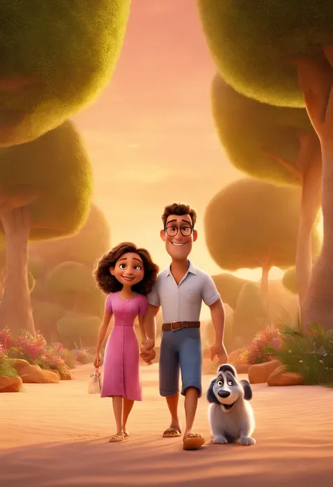 a Disney Pixar movie poster showing a white-skinned family. The father is the tallest, Tem barba curta, loiro, short, prickly hair and wears glasses. The mother has brown eyes and hair, compridos. A menina tem 11 anos e cabelos loiros, compridos e cacheado...