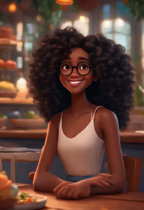 Um filme inspirado na Disney Pixar (YOUNG BLACK GIRL WITH LONG BLACK CURLY HAIR with sight glasses and round nose and white teeth) dentro A cena estar na arte distinta do estilo PIXAR, descolada e estilosa