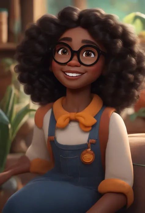 Um filme inspirado na Disney Pixar (YOUNG BLACK GIRL WITH LONG BLACK CURLY HAIR with sight glasses and round nose and white teeth) dentro A cena estar na arte distinta do estilo PIXAR, descolada e estilosa