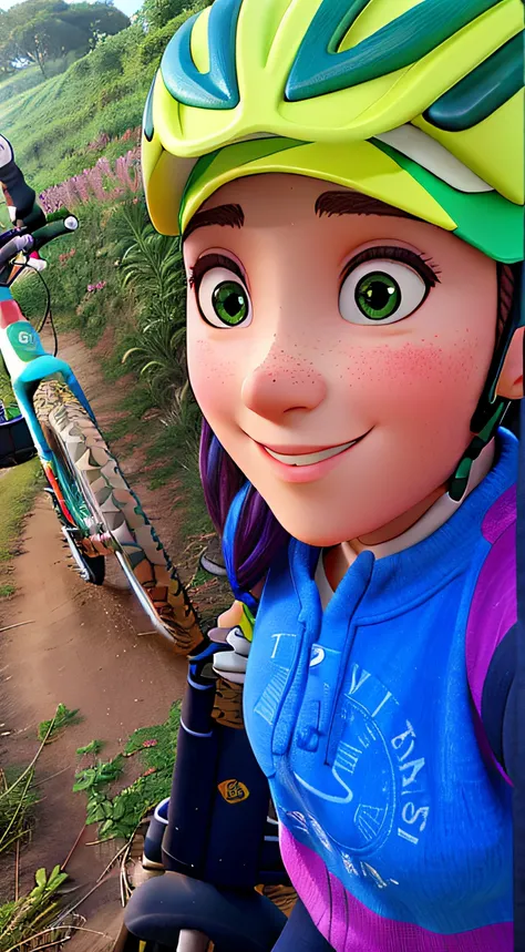 uma mulher jovem andando de bicicleta com paisagem verde com borboletas