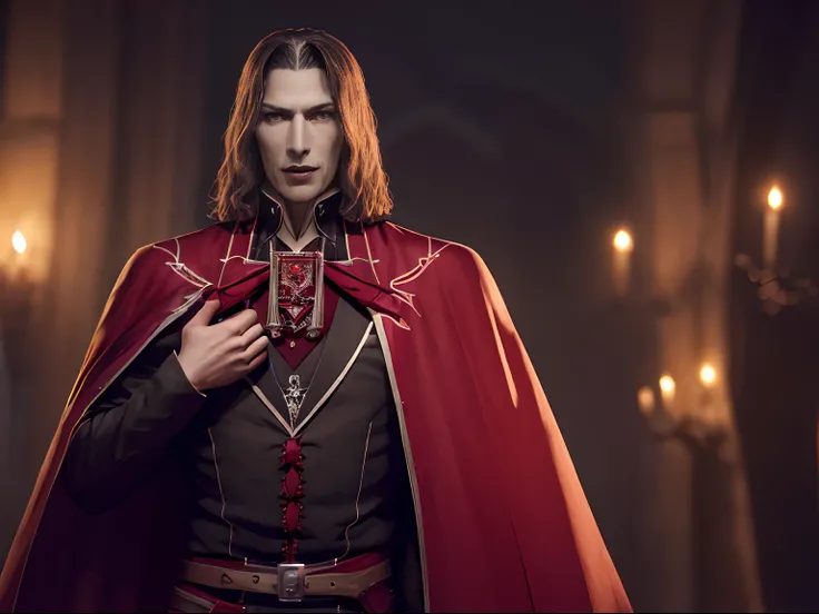 (((dracula )))8k,((from Castlevania)((elegante))(((red cape)))caliente, hermoso,((elegante)),(((viste ropa ajustada )))((tiene una espada)))8k, hiperrealista todo como un motor irreal trazado de rayos render ((estilo humano hiperealista)),(((Empty dark bac...