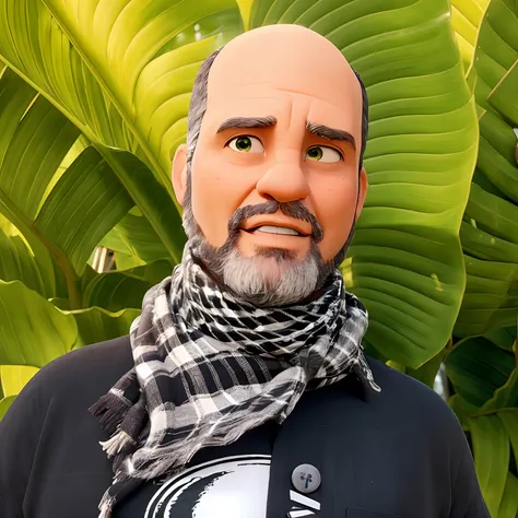 Um homem careca, tom da pele clara, 52 anos de idade, olhos verdes, wearing a black and white plaid scarf around her neck, camisa preta com desenho de caveira, Medium-sized beard in gray color, no estilo Disney Pixar, alta qualidade, melhor qualidade, high...