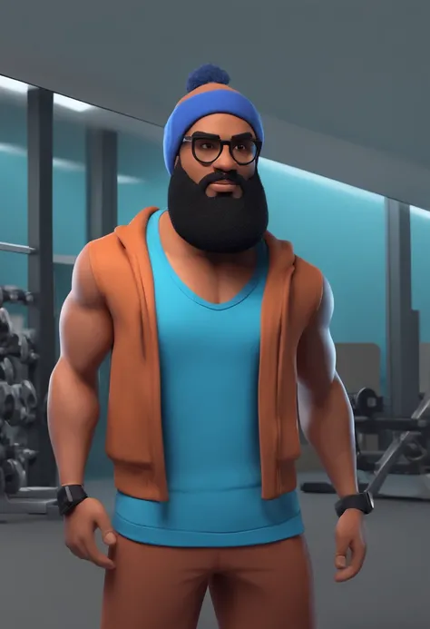 Cartoon character of a man with black glasses and a blue shirt, animation character, Caractere estilizado, animation style rendering, 3D estilizado, mulatto man gym clothes with beard strong beanie chubby