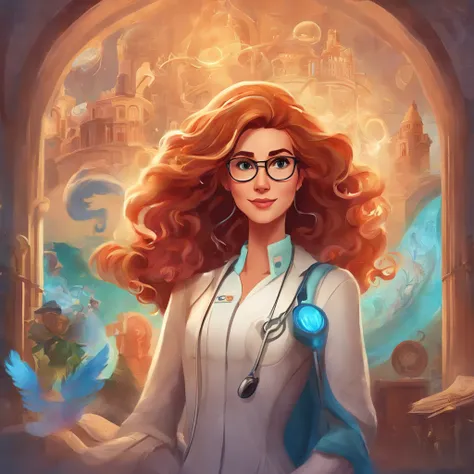 Create a poster in the style of DISNEY PIXAR 8k films, and write the Title: BRUNELLA. The setting should be a beautiful realistic doctors office, with light colors and shades of blue, large space. The main image should be of a 30-year-old woman, a beautifu...