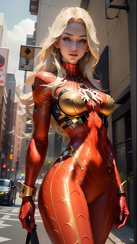 Beautiful blonde woman detailed defined body using golden spider man cosplay, huge breasts, semi-transparent outfit