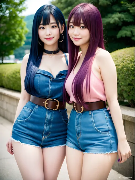 twinsies、kawaii、japanes、Big、valley、M-shaped legs、Big、pubick hair, Colored inner hair, makeup, Shy, blush, Smirk, depth of fields,  hight resolution, Textured skin、garterbelts