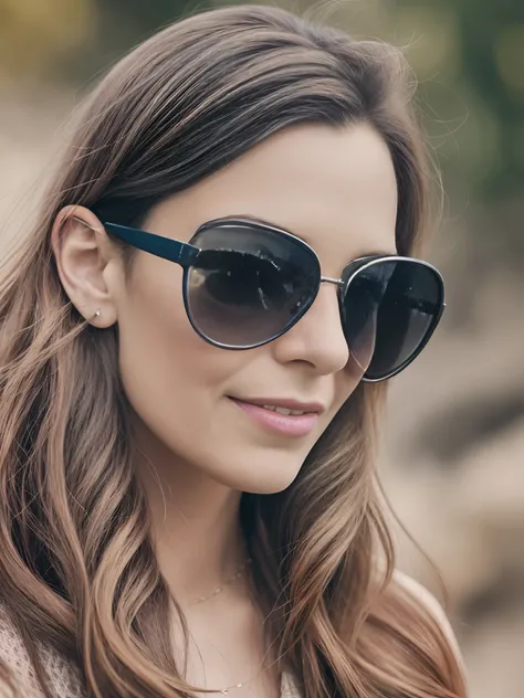 Woman with sunglasses and long hair looking at camera, inspired by Grethe Jürgens, inspirado em Larry Fink, inspirado em Kati Horna, with sunglasses, with sun glasses, Close Up foto retrato, cabelo sobre os olhos, Tiro no iPhone 1 3 Pro Max, Candid portrai...